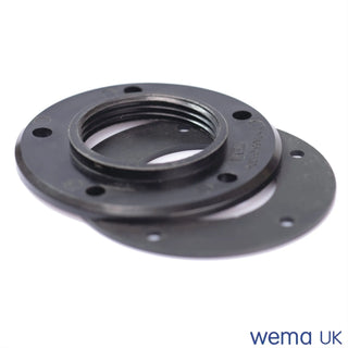 Circular black plastic FL-3 Tank Fitting flange with screw holes and threaded center