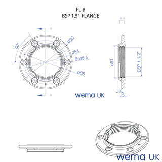 Technical drawing of FL-6 Tank Fitting Flange 1.5’’ BSP with detailed dimensions
