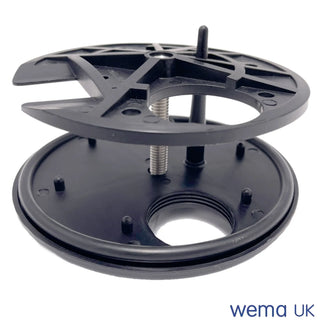 Circular black plastic mounting base for Wema FLB-1 Inspection Hatch with fittings
