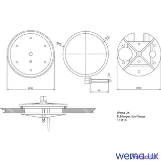 Technical drawing of FLB Tank Inspection Hatch with dimensions and views for tightening central stainless