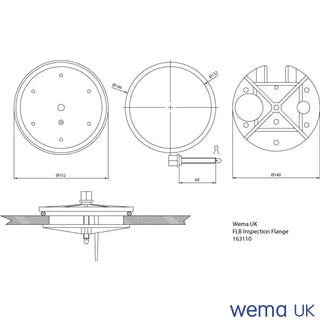 Technical drawing of FLB Tank Inspection Hatch with dimensions and views for tightening central stainless