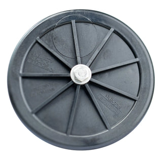 Gray plastic wheel with eight spokes for FLB Tank Inspection Hatch with stainless hub