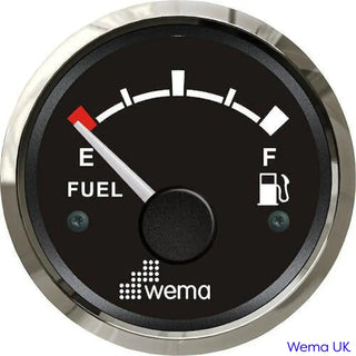 Analogue fuel level gauge with black face and chrome bezel showing empty tank reading