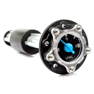 Mechanical level gauge featuring a black face and blue needle in metallic housing