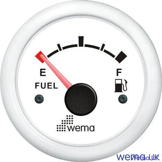 Analogue fuel level gauge displaying a nearly empty fuel tank level with vibrant bezel colours