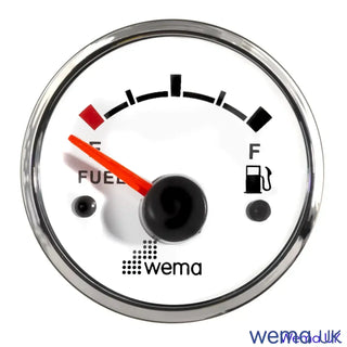 Analogue fuel level gauge with white face and chrome bezel showing nearly empty tank
