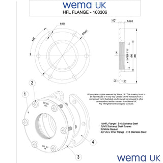 Technical drawing of HFL Tank Fitting Flange with detailed measurements and specifications