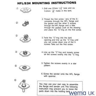 Mounting instructions diagram for Wema HFL Tank Fitting Flange with step-by-step illustrations