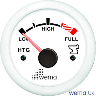 Circular white gauge displaying holding tank level for accurate monitoring