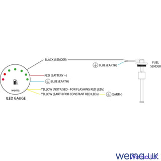 Wiring diagram for LED Level Gauge with color-coded connections and Wema sender components