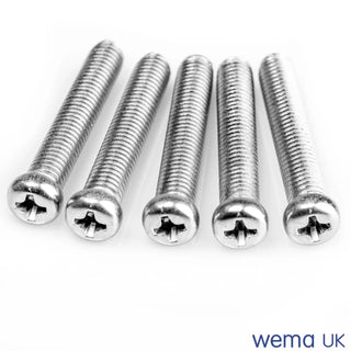 Five silver headed M5 screws for FL-2 flange with Phillips head drives, showcasing hole pattern