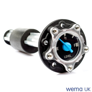 Mechanical level gauge featuring a black face and blue needle in metallic housing