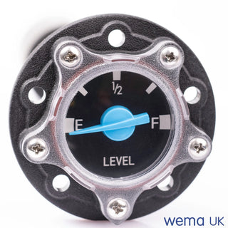 Circular Mechanical Level Gauge with blue needle indicating fuel level between empty and half full