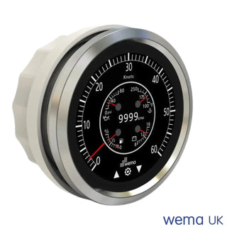 Multi-function touchscreen gauge featuring a digital speedometer and analog dial display