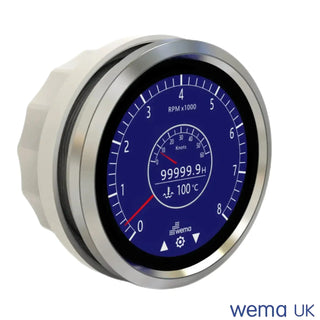 Circular Multi-Function Touchscreen Gauge displaying RPM and temperature readings