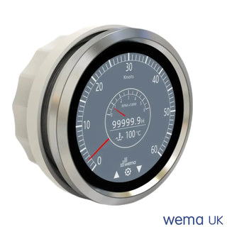 Circular speedometer gauge with black dial and silver rim for Multi-Function Touchscreen Gauge