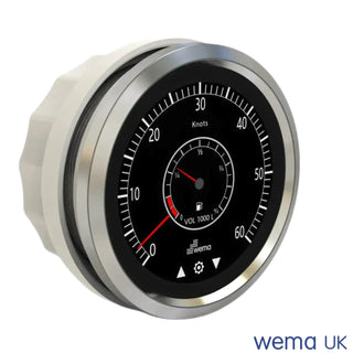 Circular speedometer gauge with black face and silver rim for Multi-Function Touchscreen Gauge