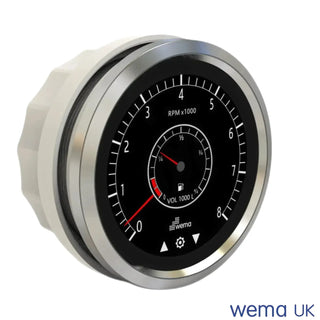 Circular tachometer gauge with black face and silver rim for Multi-Function Touchscreen Gauge