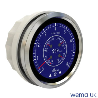 Multi-function Touchscreen Gauge with blue illuminated tachometer displaying RPM and speed