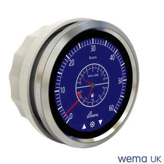 Circular speedometer gauge with blue dial in Multi-function Touchscreen Gauge design