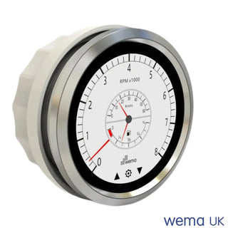 Circular tachometer gauge in Multi-function Touchscreen Gauge displaying RPM and temperature