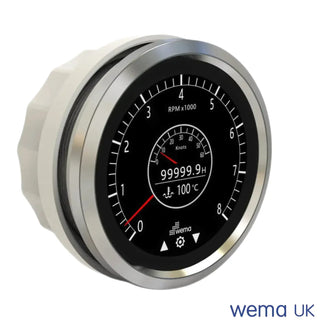 Circular Multi-function Touchscreen Gauge displaying RPM, temperature, and oil pressure