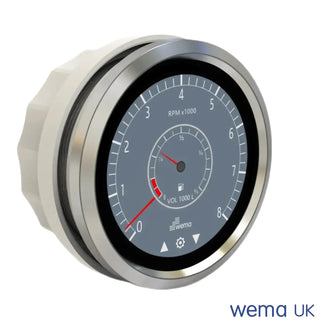 Circular tachometer gauge with black face, silver rim for Multi-function Touchscreen Gauge