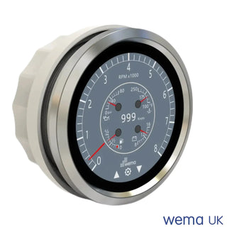 Circular tachometer gauge with black face and silver rim for Multi-Function Touchscreen Gauge