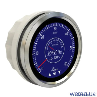 Close up of a blue and white Multi-function Touchscreen Gauge for Wema NMEA2000 oil pressure