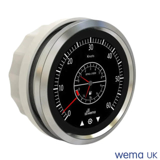 Circular speedometer gauge with black face and silver rim on Multi-function Touchscreen Gauge