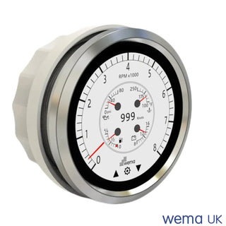 Circular tachometer gauge in a Multi-Function Touchscreen Gauge with oil pressure scales