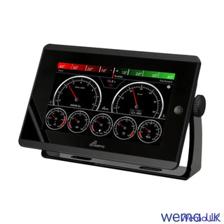 Marine instrument display panel showcasing Wema NMEA2000 7’’ colour TFT touchscreen