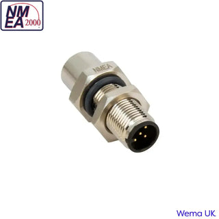 Metallic NMEA2000 bulkhead connector with multiple pins and IP68 rated threaded body