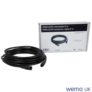 Black coiled NMEA2000 cable with micro connectors beside packaging box for manufacturer’s products
