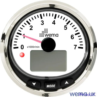 Circular NMEA2000 Multi-Function Tachometer with white dial and chrome bezel displaying RPM