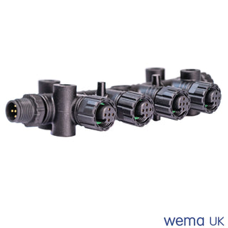 Multi-port T-Connector for NMEA2000 backbone with several black cylindrical connectors