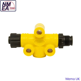 Yellow T-shaped valve connector with black ends for NMEA2000 Power Isolator integration
