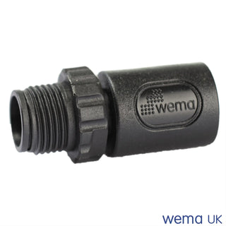 Black plastic plumbing connector with Wema branding for NMEA2000 terminators