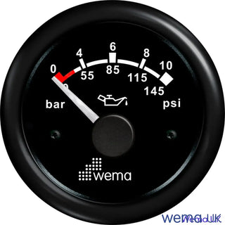 Oil pressure gauge for vehicles with analogue display, measuring 0-10 bar and psi