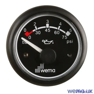 Oil pressure gauge with black dial and white markings, measuring 0-10 bar, analogue oil pressure