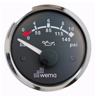 Oil pressure gauge with a black face and chrome bezel, measuring 0-10 bar for analogue oil pressure