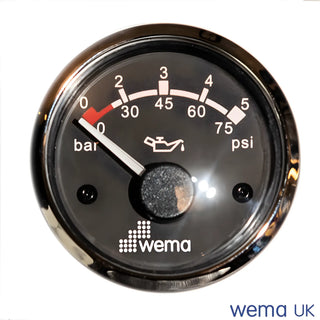 Circular analogue oil pressure gauge displaying 0-10 bar and psi measurements