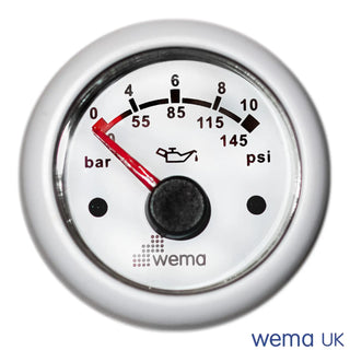 Circular oil pressure gauge with white face and red needle, 0-10 bar and psi measurements