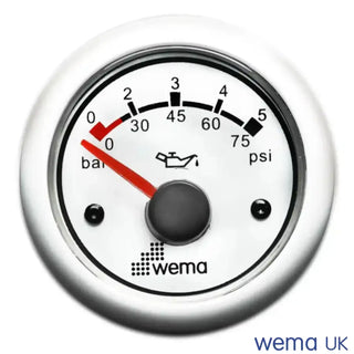 Circular oil pressure gauge with white face and red needle for analogue oil pressure 0-10 bar