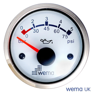 Circular oil pressure gauge with a white face and red needle near zero, 0-10 bar