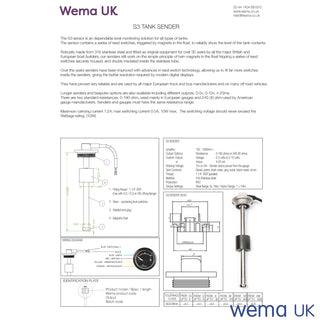 Technical specification sheet for Wema S3 Fuel Water Sender with diagrams and measurements