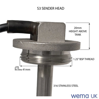 S3 Fuel and Water Sender in stainless steel with labeled dimensions and torque settings