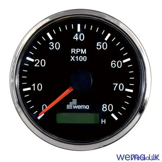 Circular Wema Tachometer gauge displaying engine RPM up to 8000 with LCD hour meter