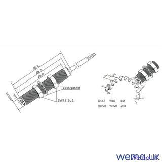Technical diagram of Tachometer Inductive Sensor showing rotation speed specifications