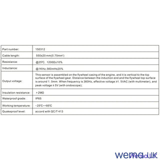 Technical specification table for Tachometer Inductive Sensor showing rotation speed details